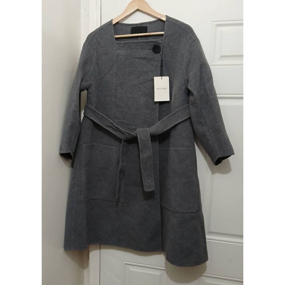 Mali studio womens small square neck flare wool belted long coat gray